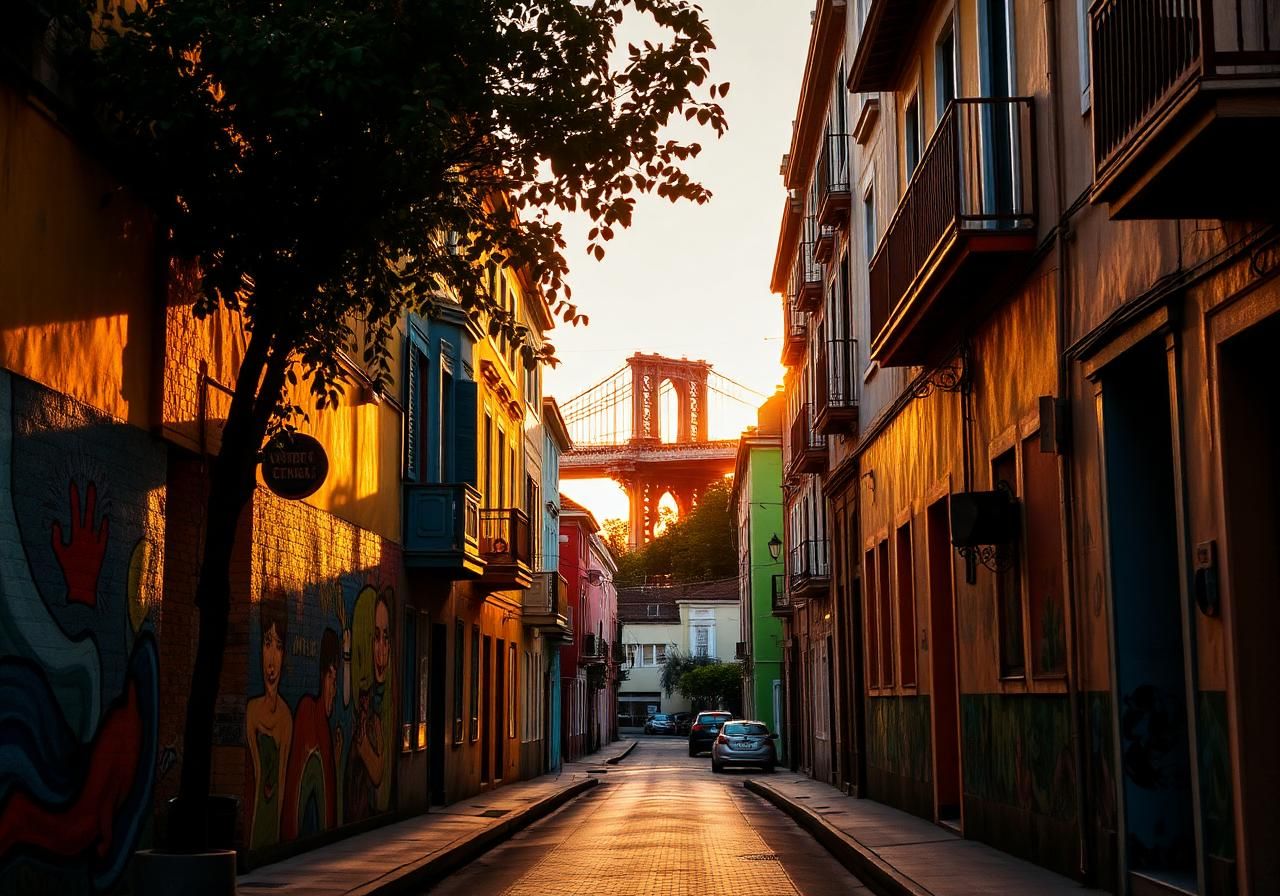 Colorful Barranco street with murals at golden hour