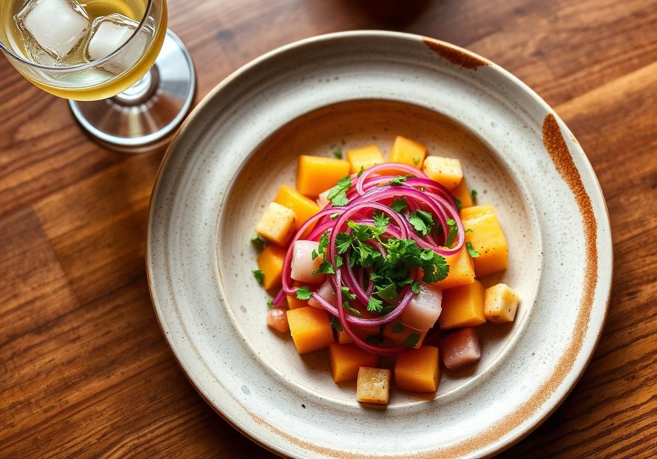 Plate of Peruvian ceviche with red onion and a pisco sour