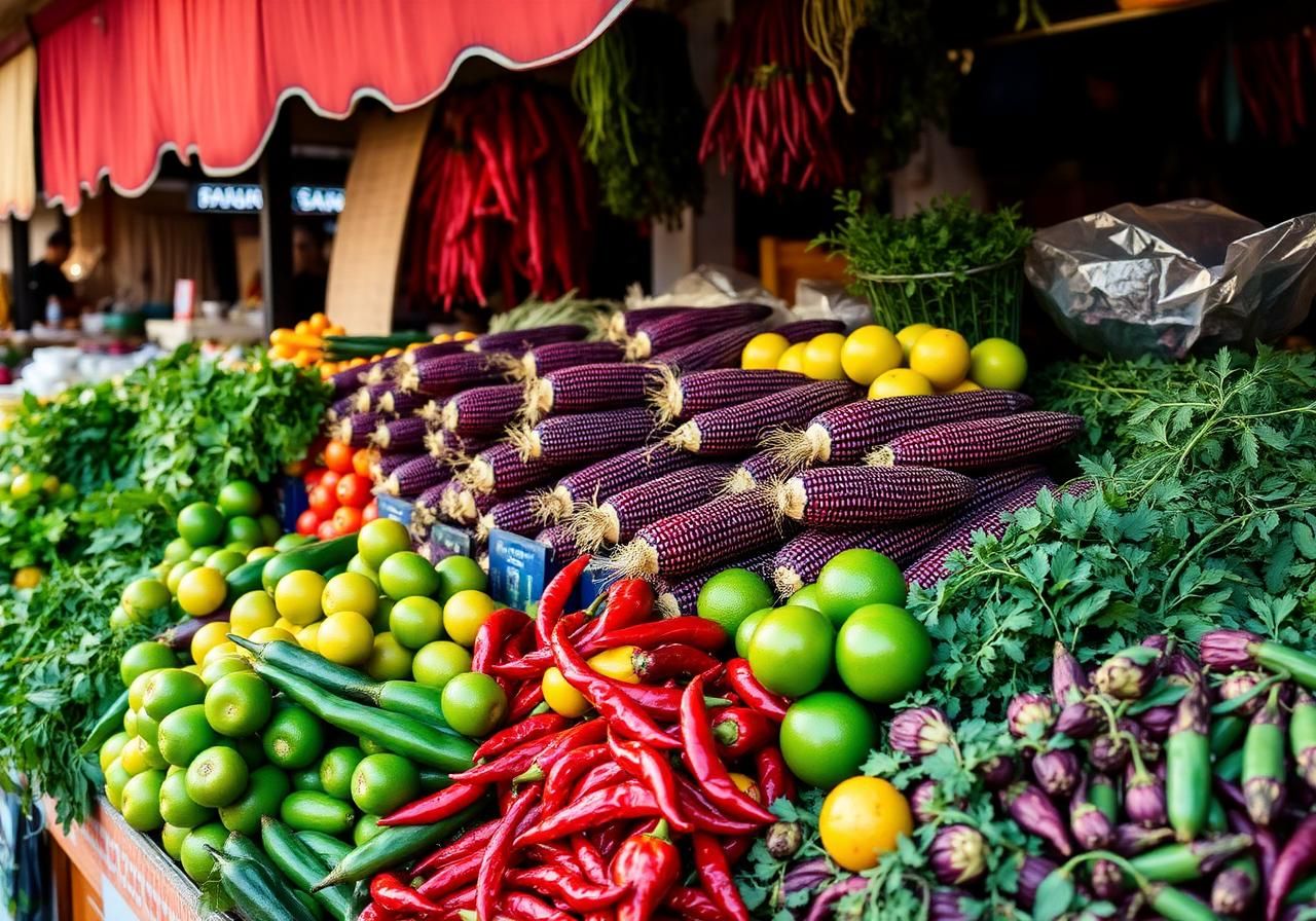 Colorful produce stall at Mercado Surquillo in Lima