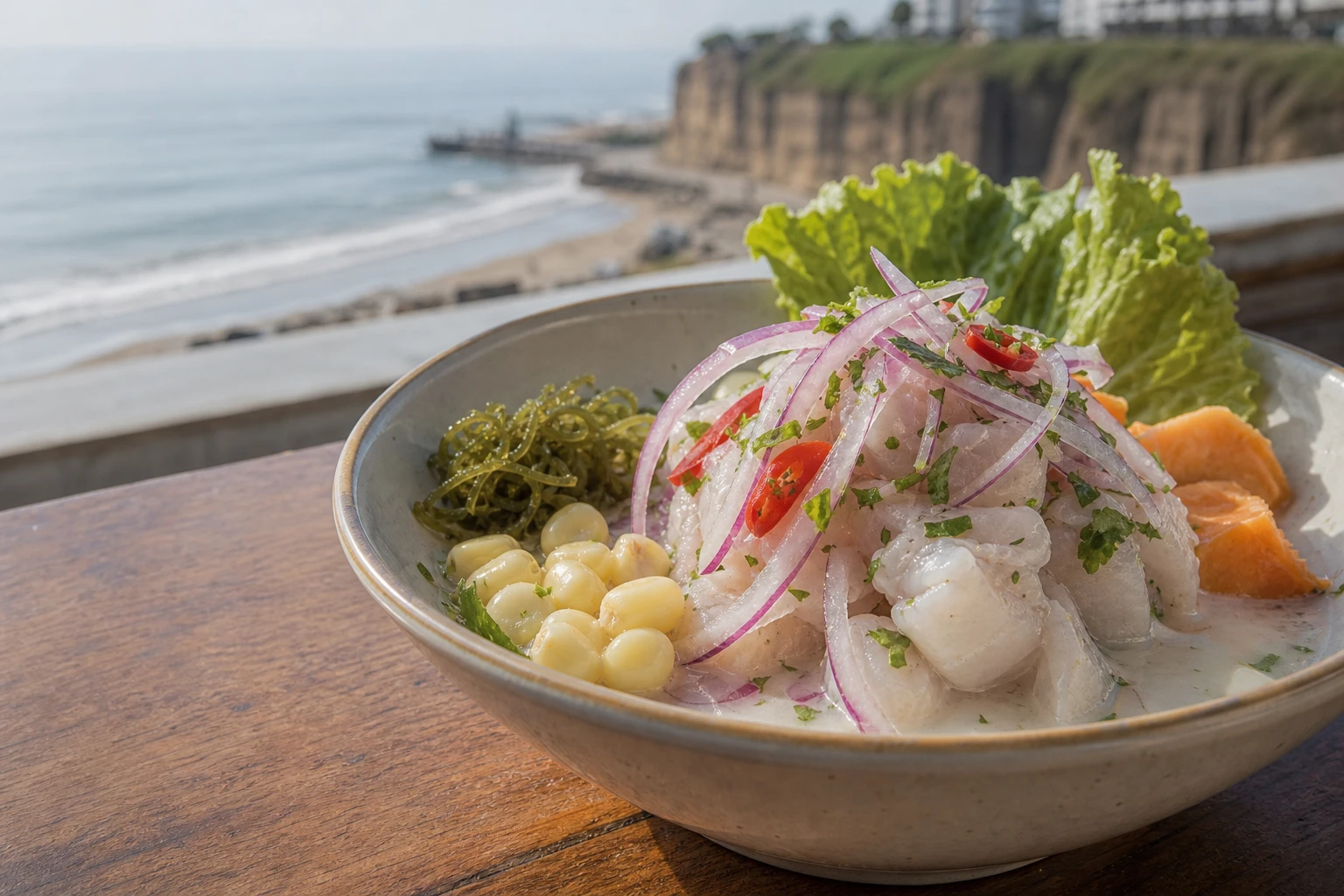 A bowl of Peruvian ceviche served at a Lima restaurant
