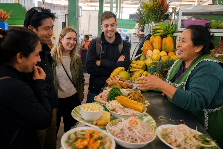 Travelers sampling Peruvian food during a Lima market tour