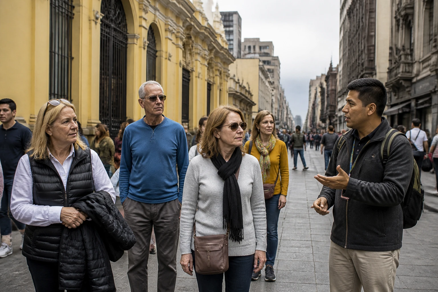 Small food tour group walking through central Lima