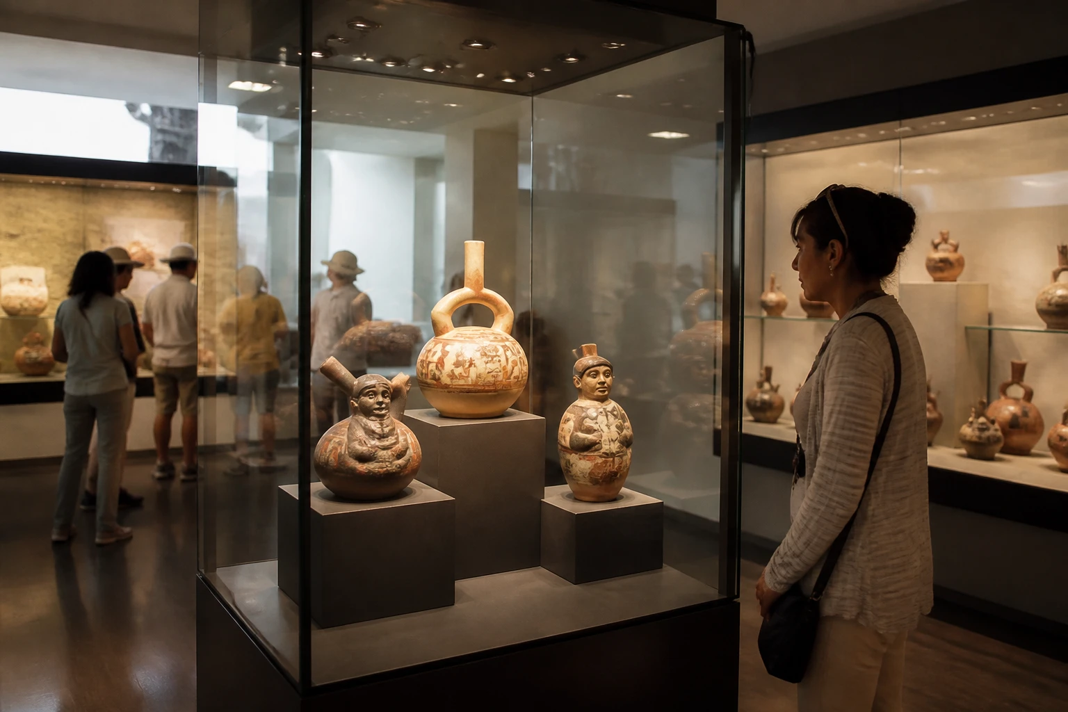 Pre-Columbian ceramics displayed in a Lima museum gallery