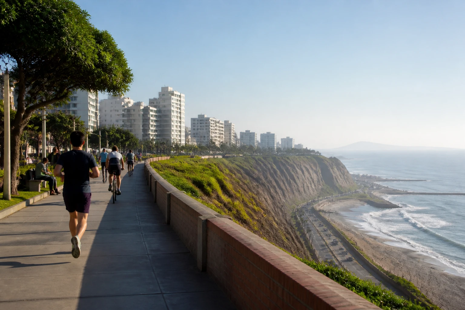 Walkers and cyclists on the Miraflores Malecón above Costa Verde