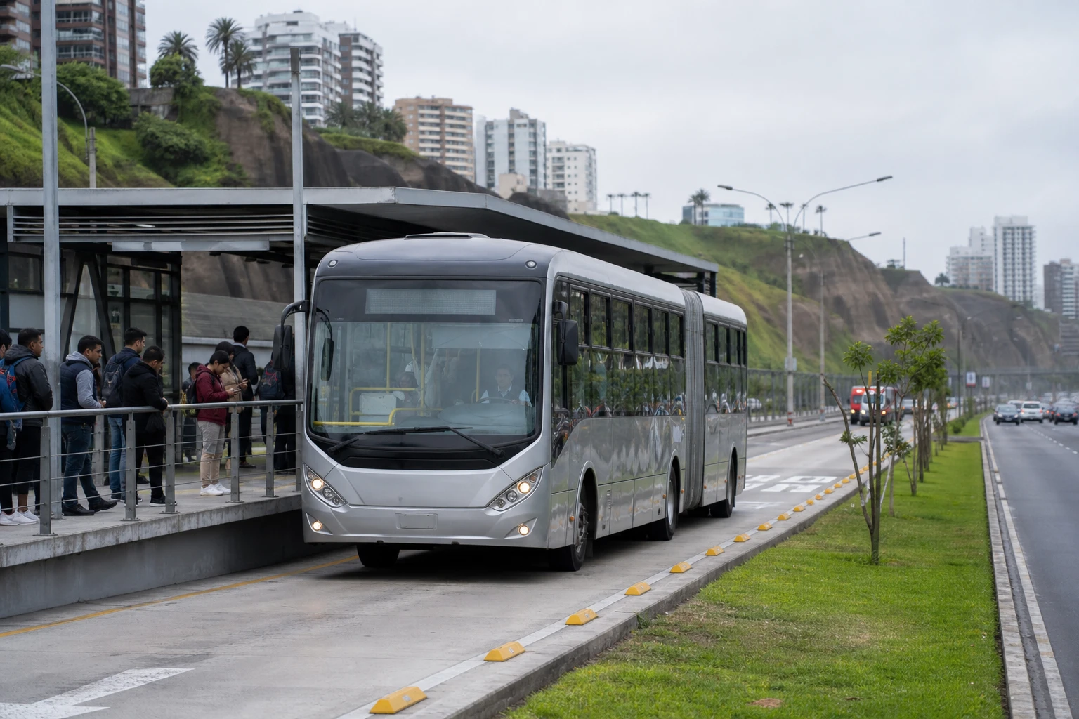Bus traveling along a dedicated public transport corridor in Lima