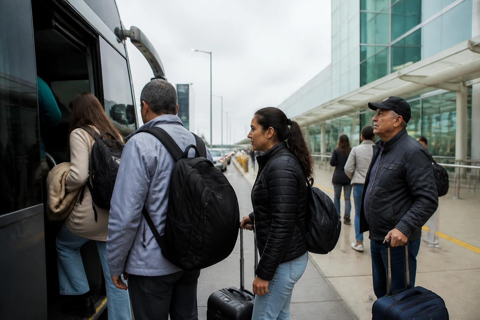 Travelers boarding an airport bus in Lima