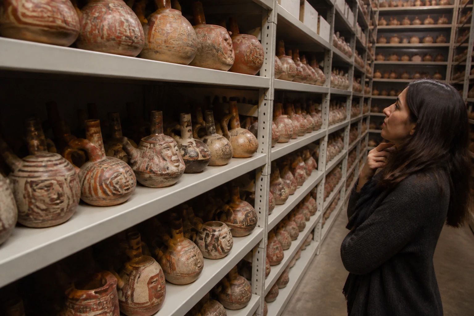 Rows of ceramic objects in the Larco Museum visible storage area