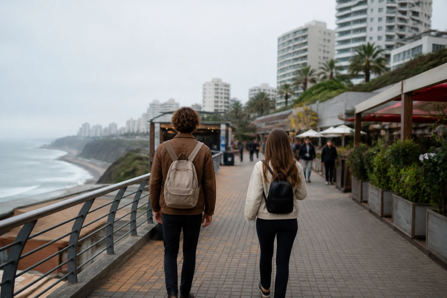 Travelers walking on an urban route in Lima.