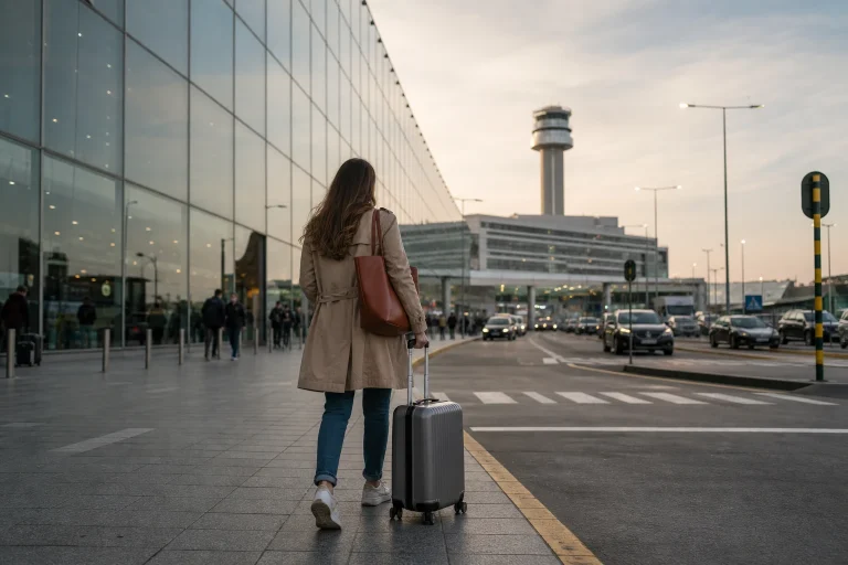 Traveler with carry-on luggage outside Lima Airport during a layover