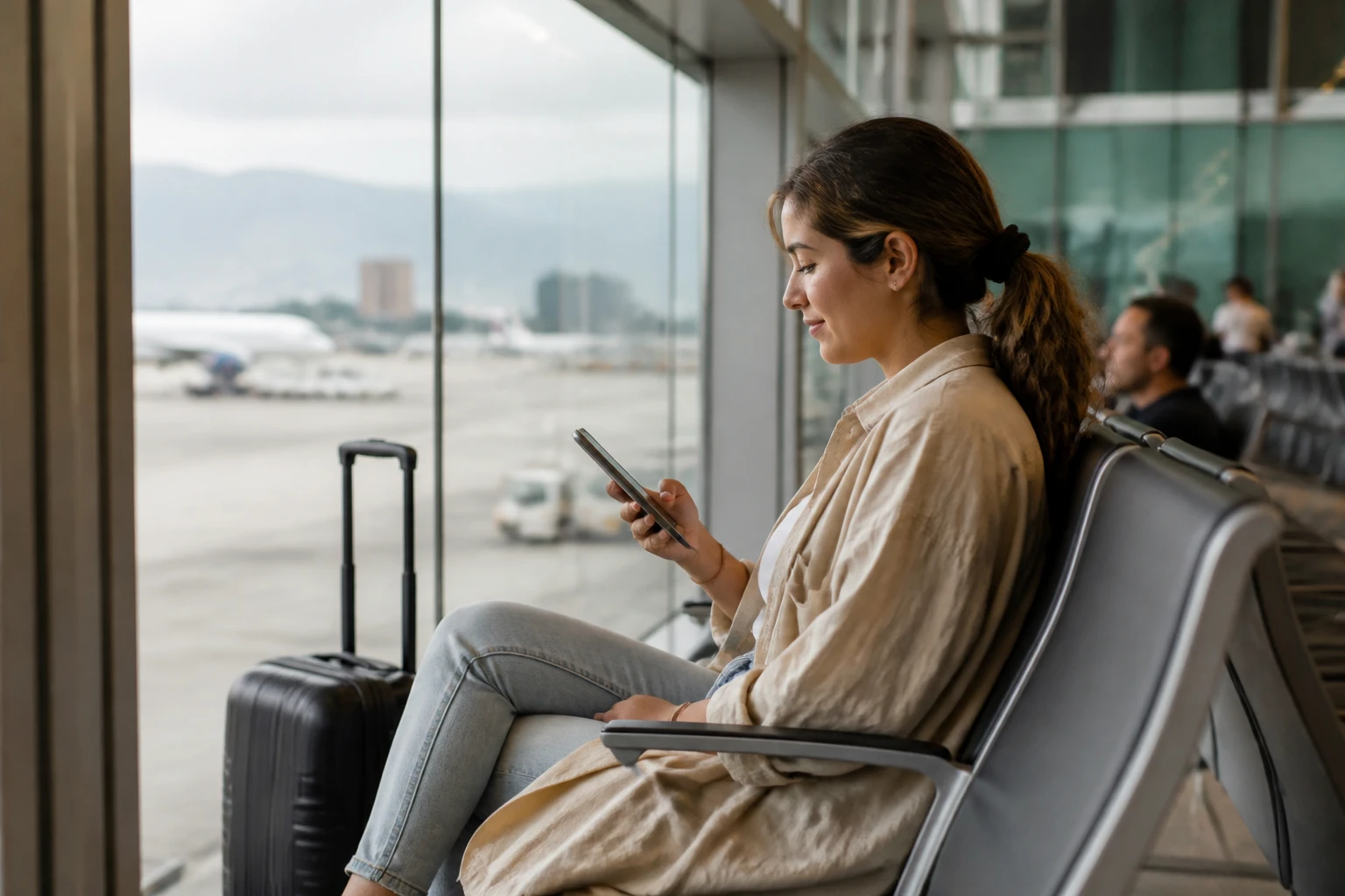 Traveler checking onward flight details during an airport layover