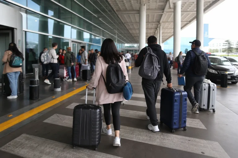Travelers preparing for transportation from Lima Airport to Miraflores