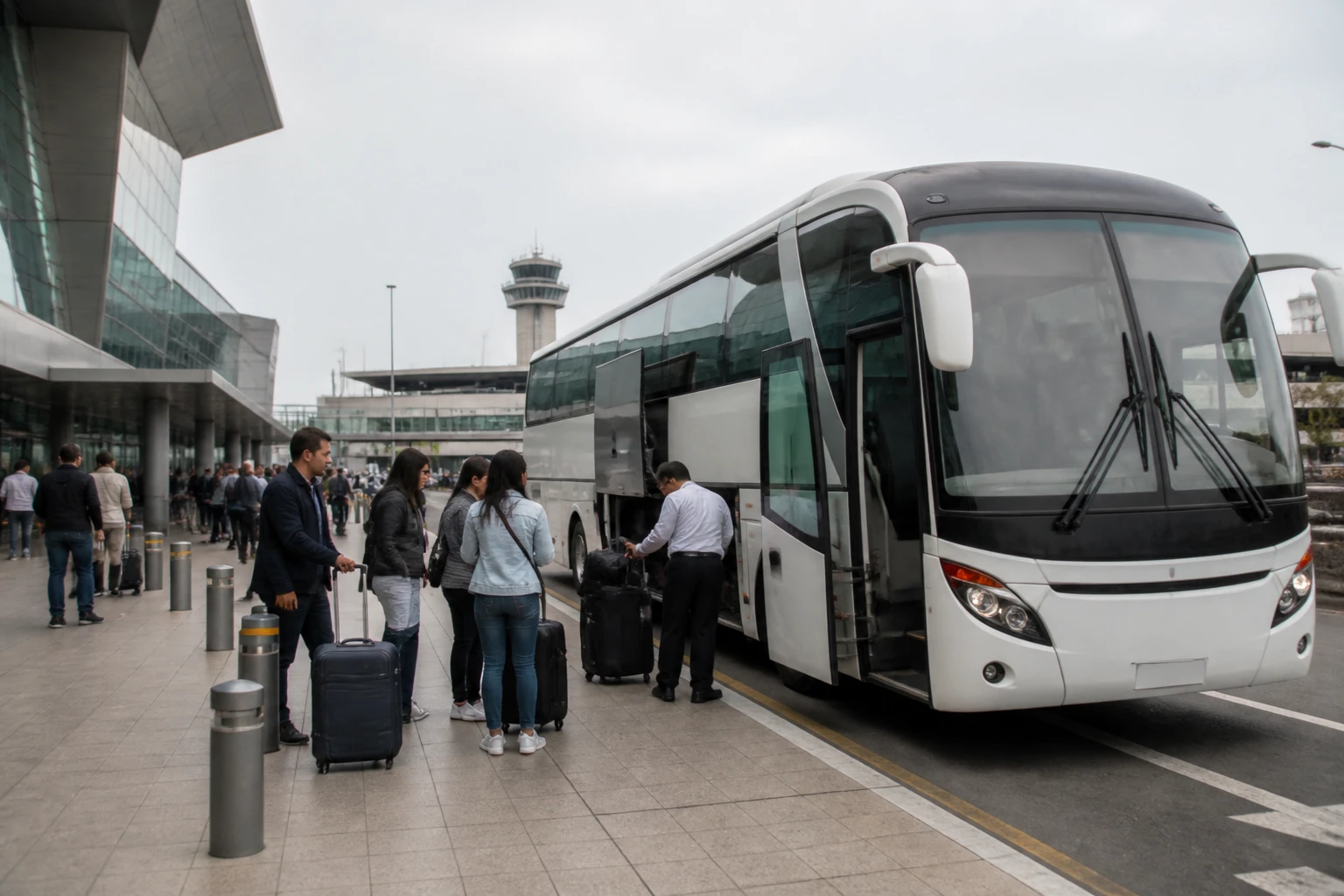 Shared airport bus preparing to carry passengers toward Miraflores