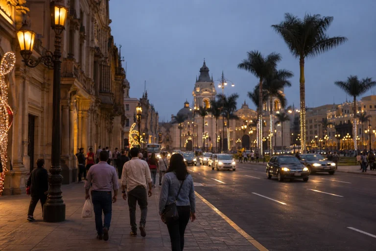 Lima street scene at dusk during the Christmas season