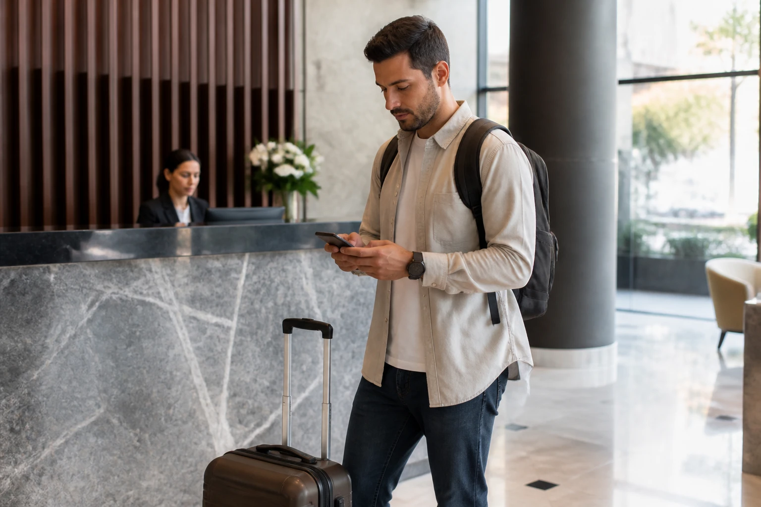 Traveler confirming holiday accommodation plans in Lima