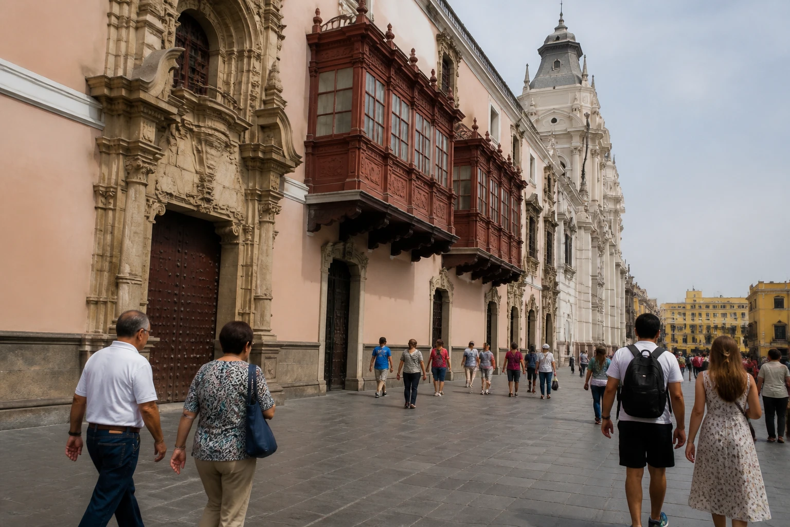 Visitors exploring central Lima on foot