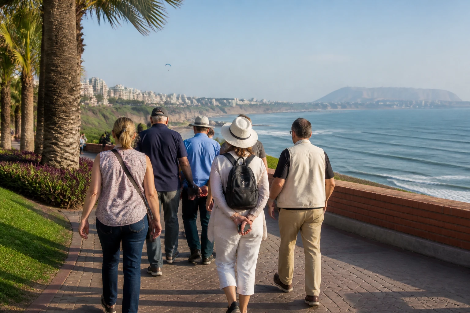 Visitors walking along Lima’s Pacific-facing promenade