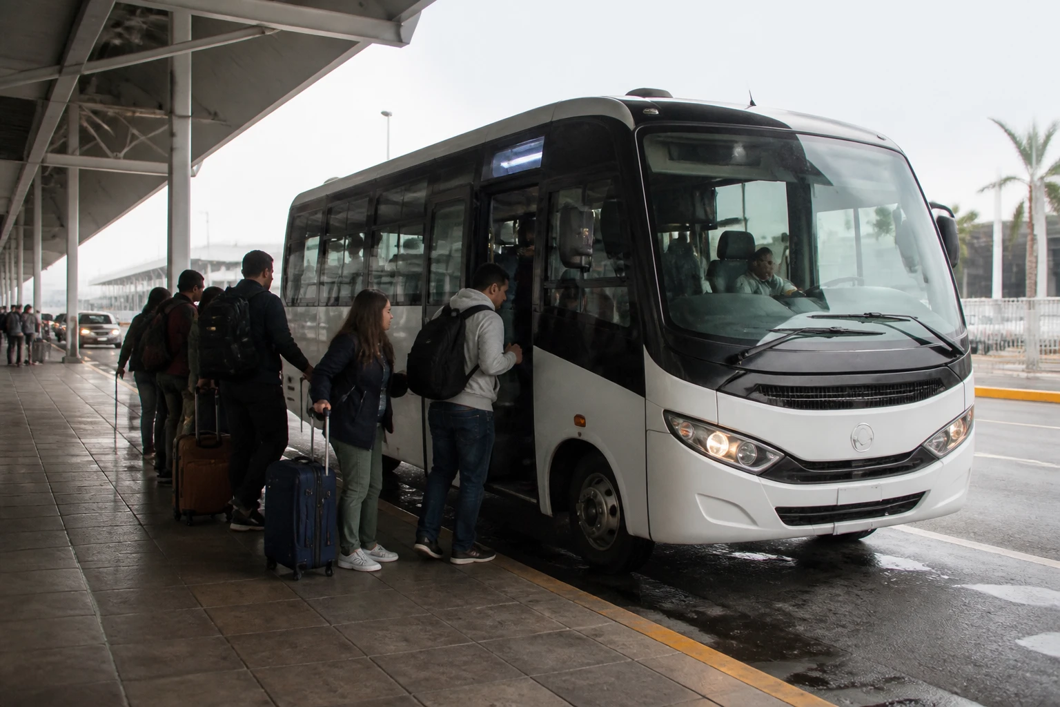 Travelers boarding a shared airport coach with luggage.