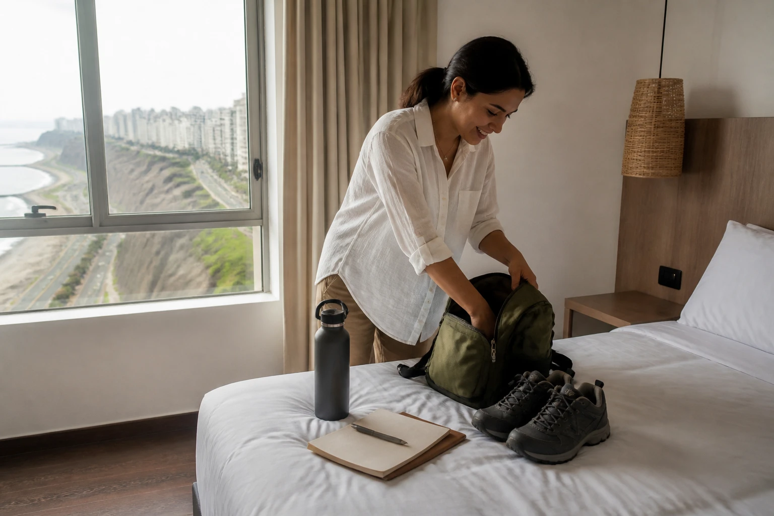 Traveler preparing a small daypack in a Lima hotel room.