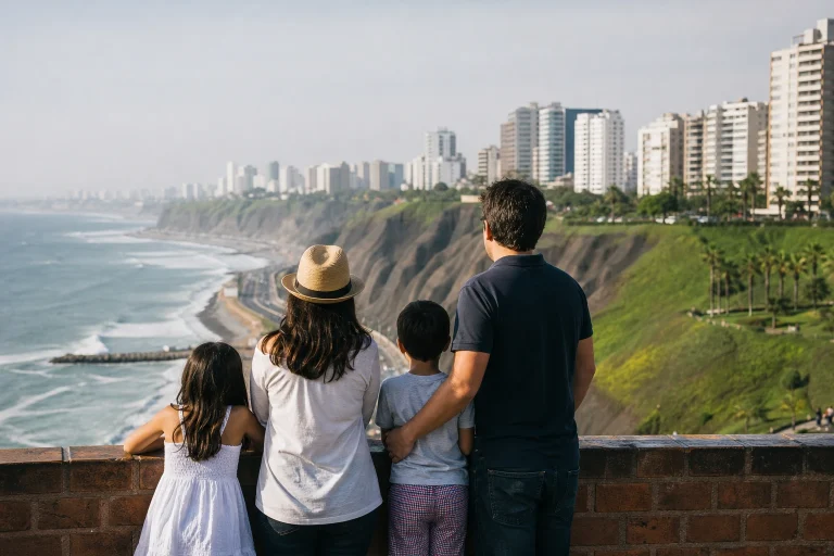 Family pausing together during a Lima city outing