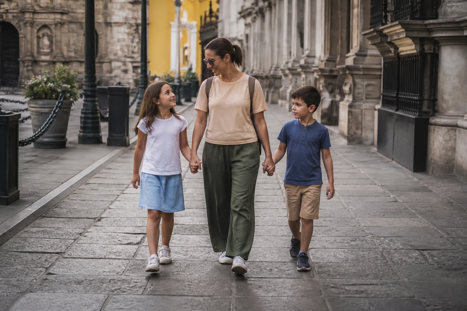 Parent and children walking in Lima's Historic Center