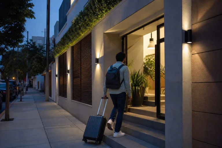 Traveler arriving at a Lima accommodation with luggage in the evening.