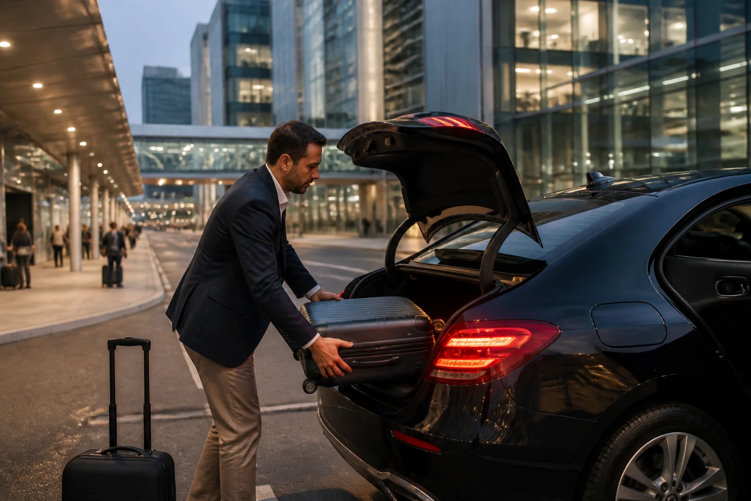 Traveler loading luggage into a pre-arranged airport transfer vehicle.