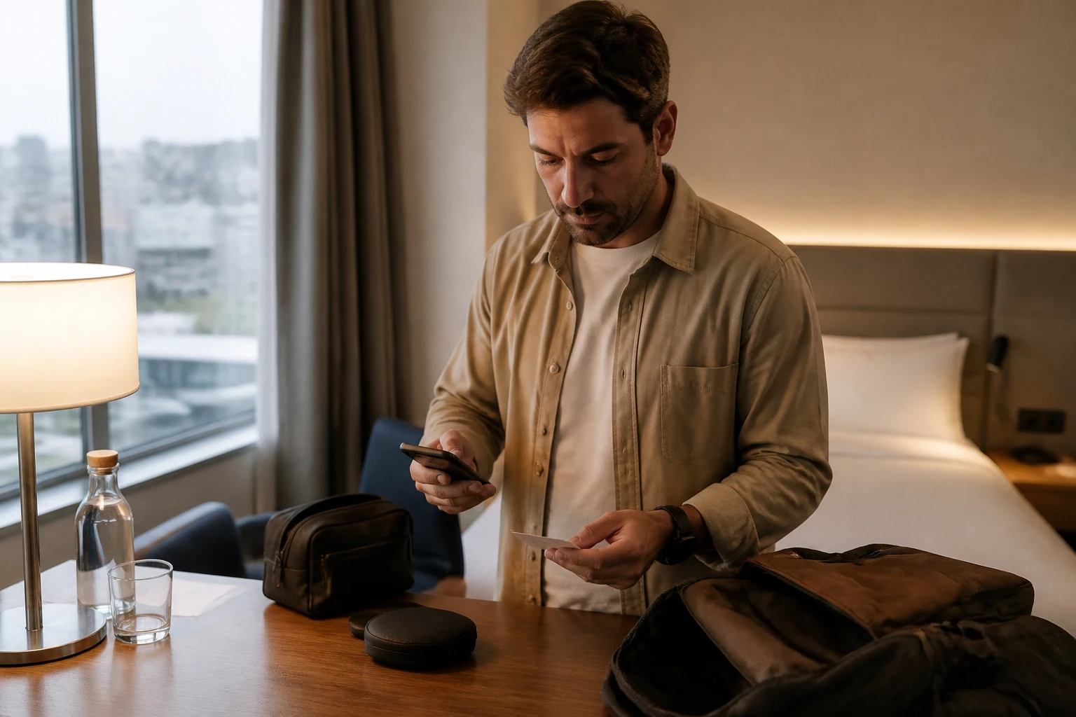 Traveler organizing essentials after checking into a Lima hotel.