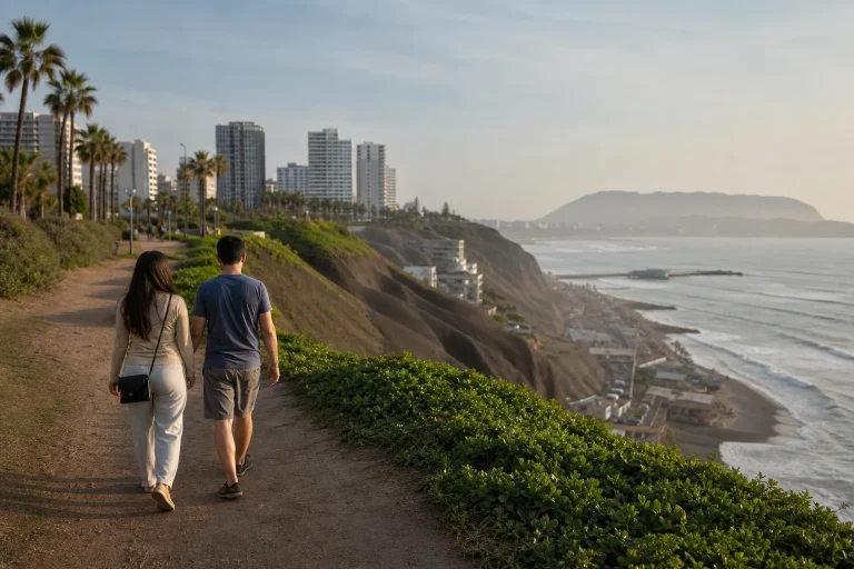 Couple walking beside the clifftop coast in Miraflores, Lima