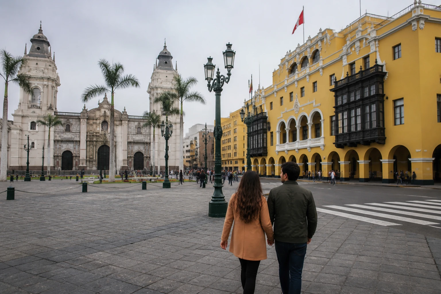Couple viewing architecture in Lima's Historic Centre