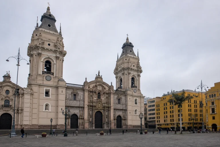 Historic church façade facing Plaza Mayor in Lima’s Historic Center