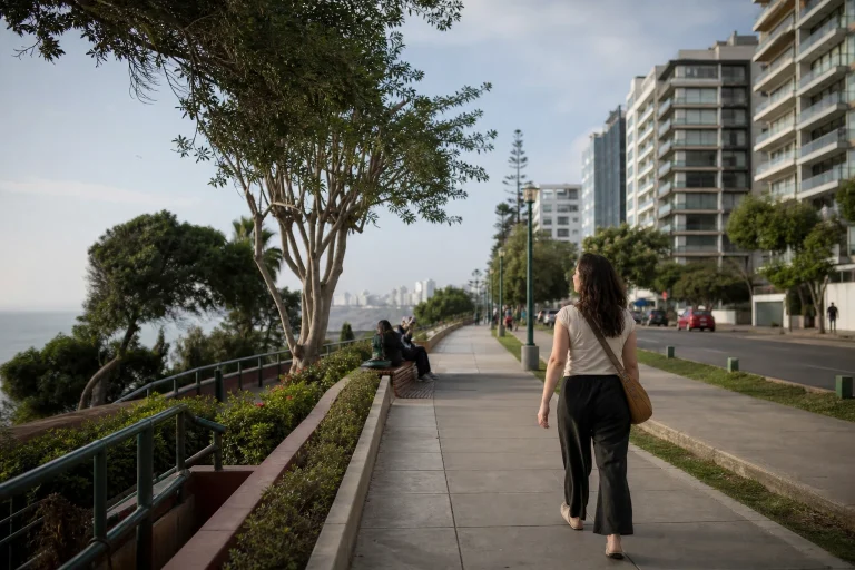 Traveler walking in Miraflores during a car-free Lima trip