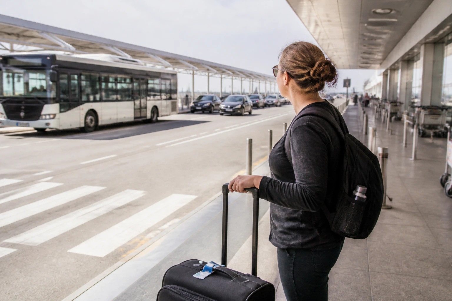 Traveler with luggage preparing for an airport transfer in Lima