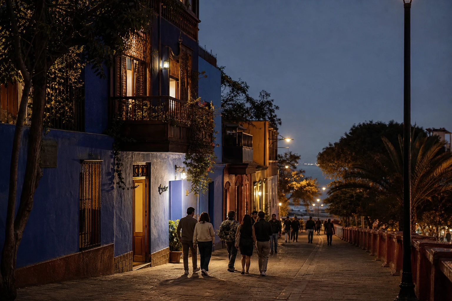 Evening street scene in Barranco during a night out in Lima