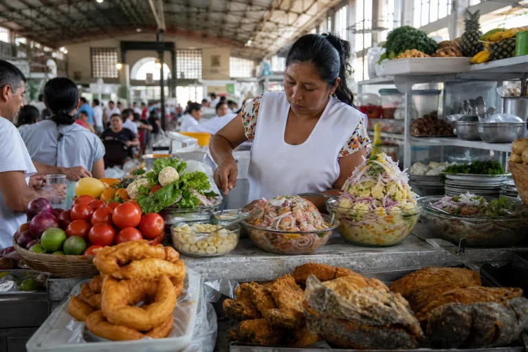 Food counter and produce inside a Lima market