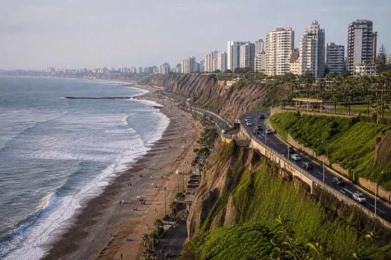 Lima’s urban coast and beach on a bright summer day