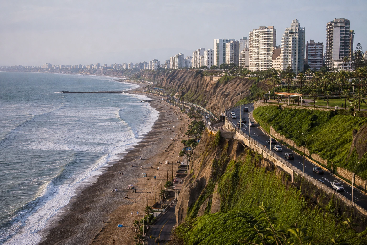 Lima’s urban coast and beach on a bright summer day