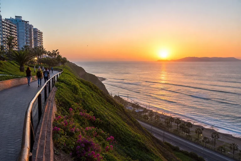 Evening view from the Miraflores malecón looking toward the Pacific coast.
