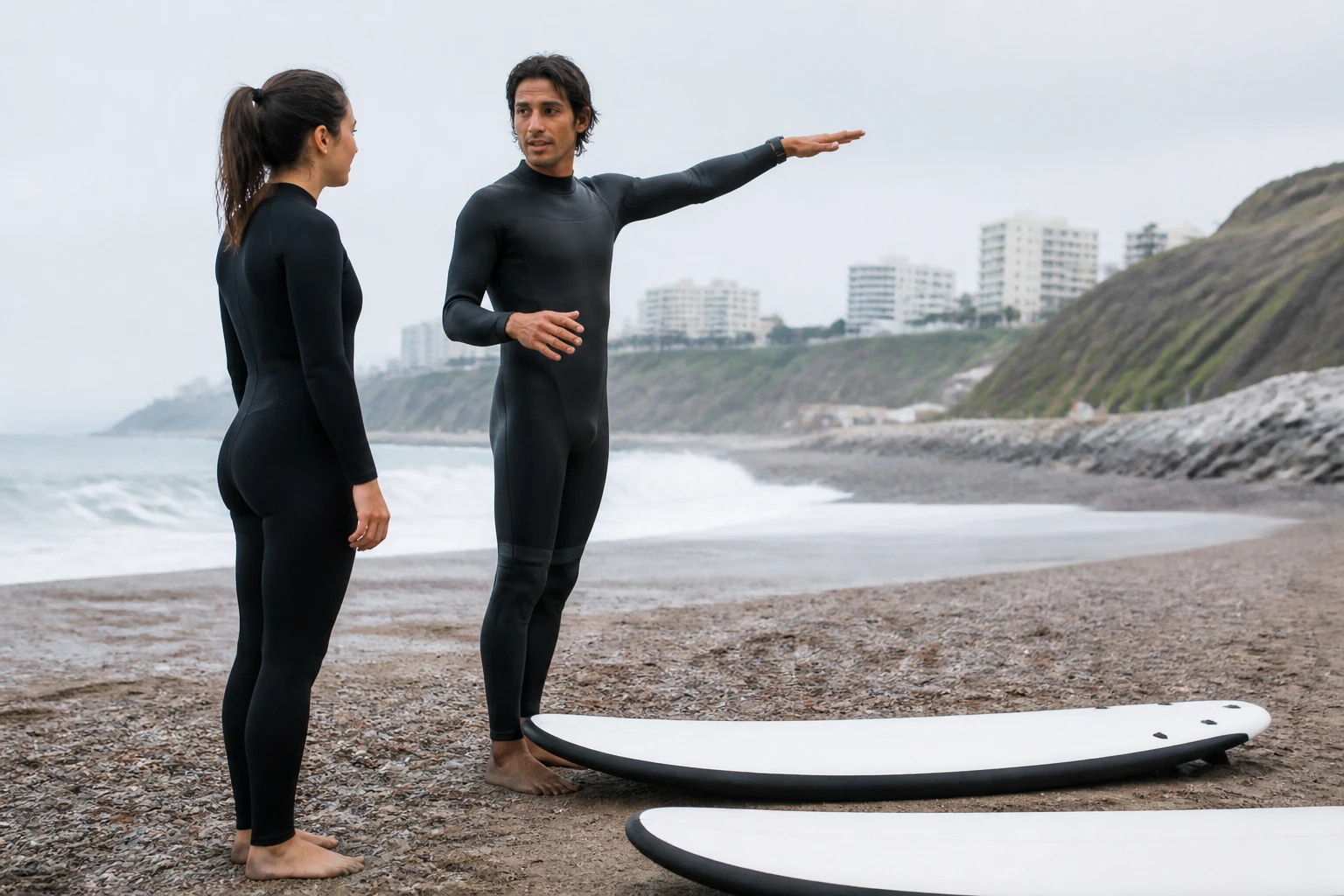 Instructor and learner preparing for a surf lesson in Lima