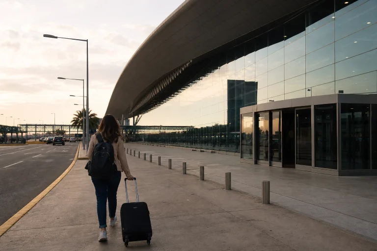 Traveler arriving at a modern Lima airport terminal with a rolling suitcase