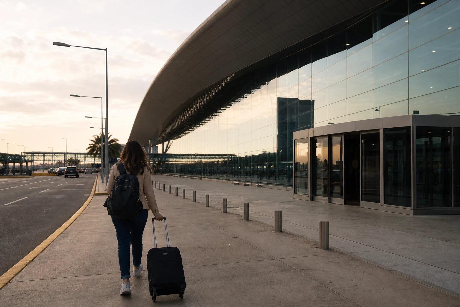 Traveler arriving at a modern Lima airport terminal with a rolling suitcase