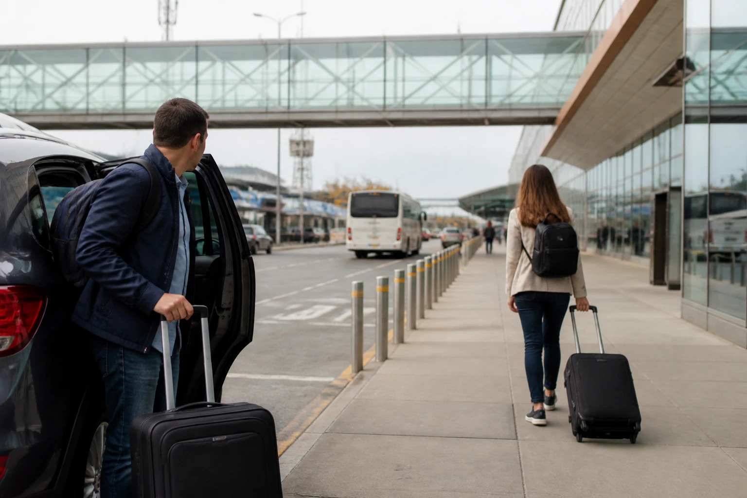 Travelers choosing between a direct car and airport bus transport