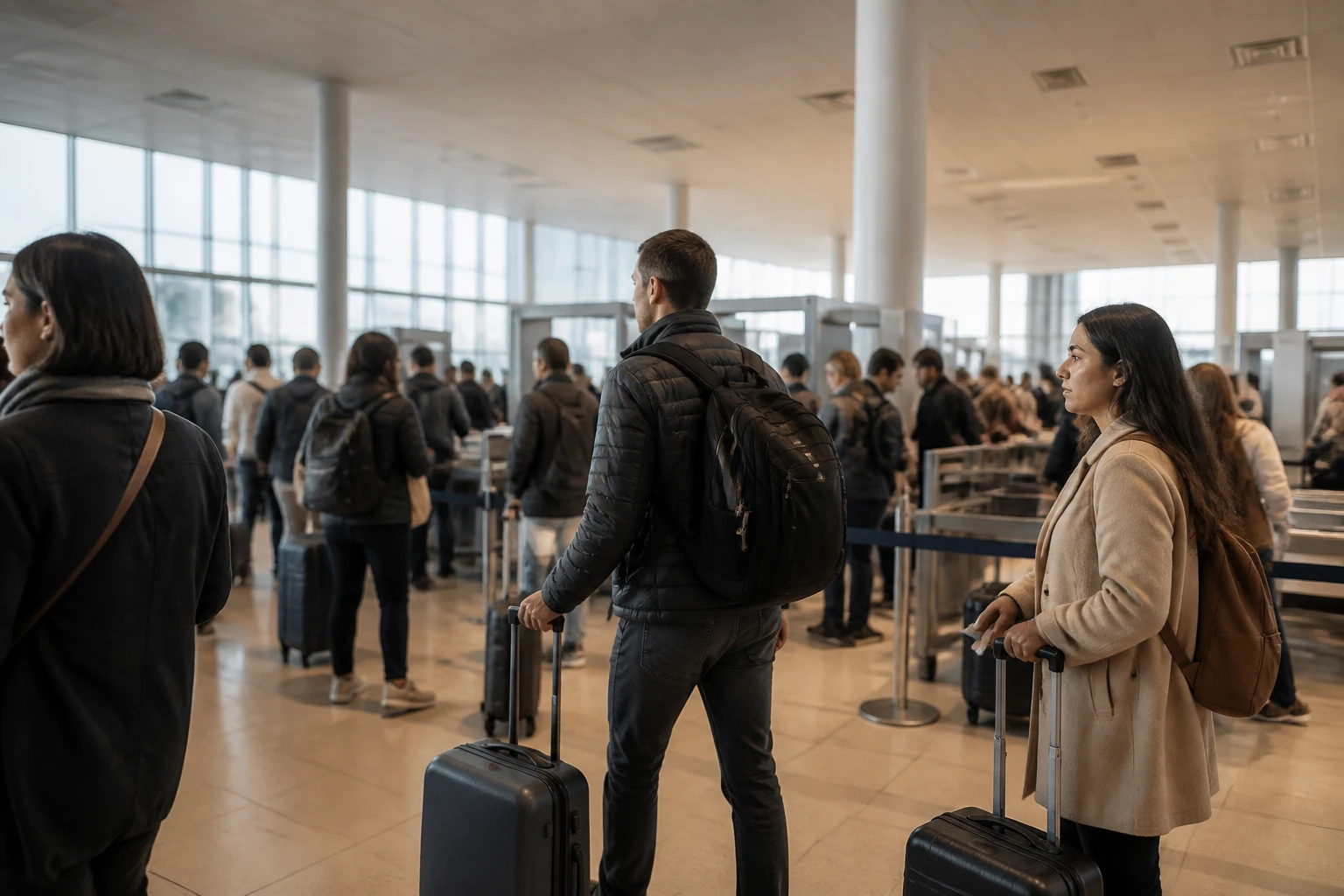 Travelers moving through a modern airport terminal with carry-on luggage