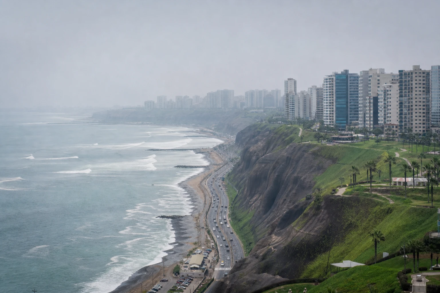 Lima’s coastal cityscape in soft mist