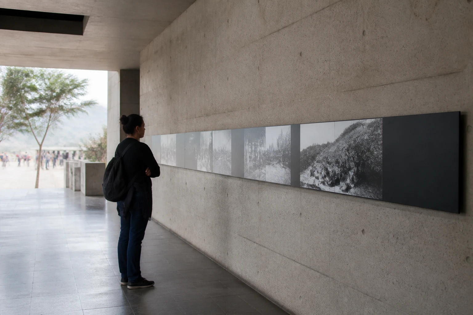 A visitor reflecting inside a memory institution in Lima
