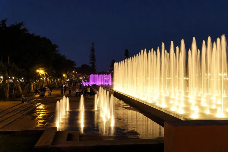 Illuminated fountains at the Magic Water Circuit in Lima at night