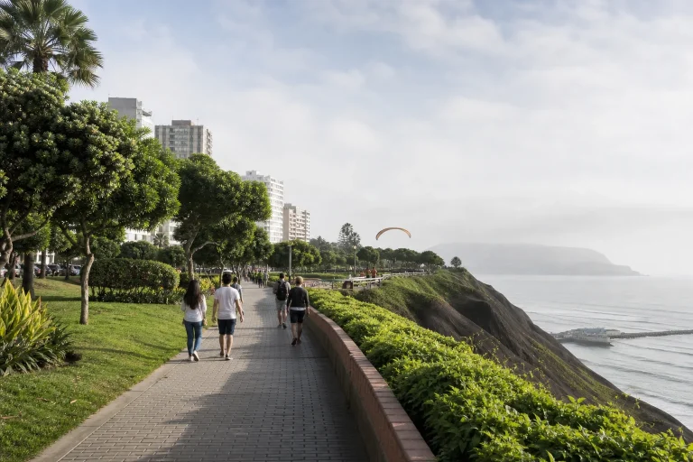 Landscaped walking path along the Miraflores Boardwalk in Lima