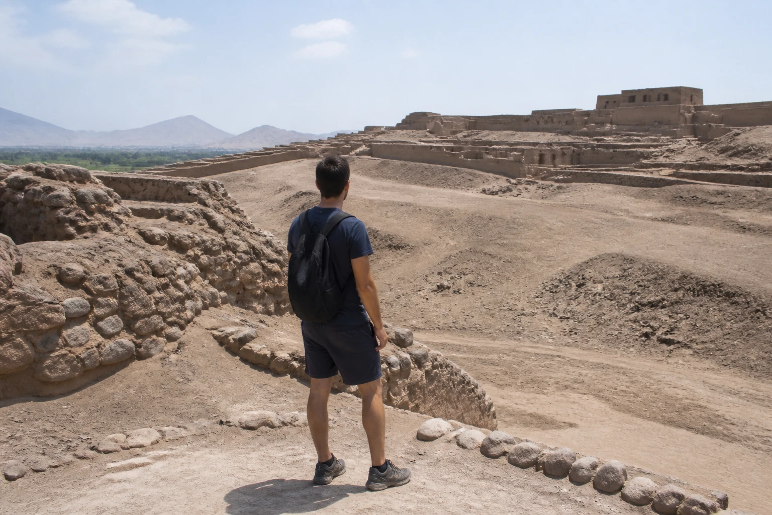 Traveler prepared for an outdoor visit at Pachacamac