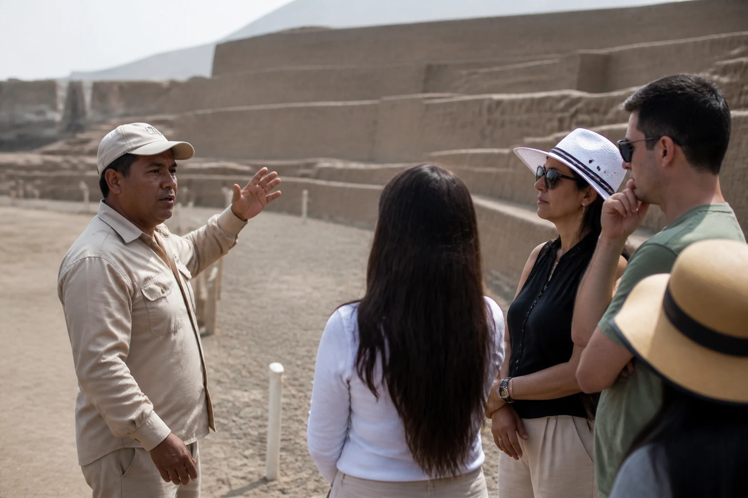 Small group taking a guided visit at Pachacamac
