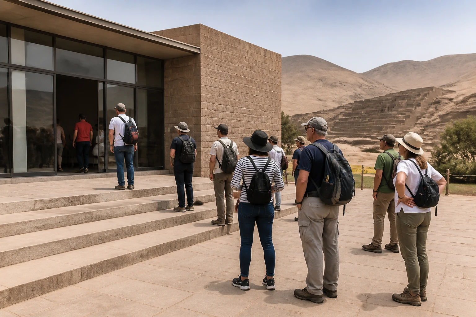 Visitors preparing to explore Pachacamac