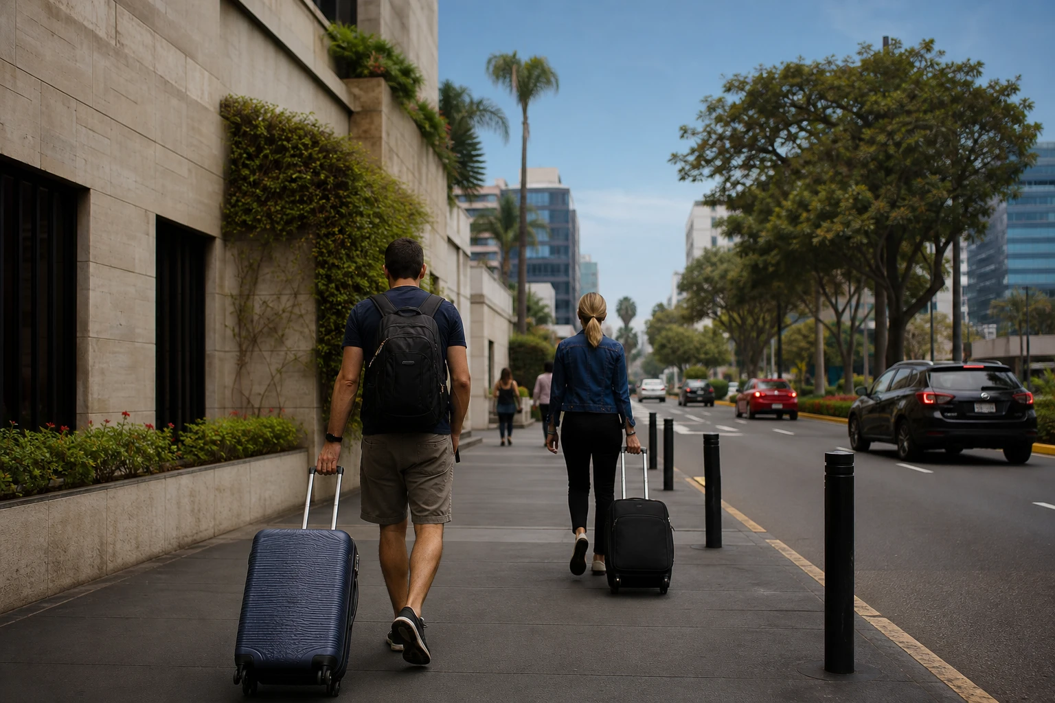 Travelers walking through San Isidro in Lima